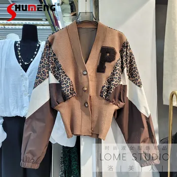 Осень 2022, Новая Корейская женская одежда, модный вязаный кардиган с леопардовым принтом и пуговицами с V-образным вырезом, Мешковатое пальто с длинным рукавом  5