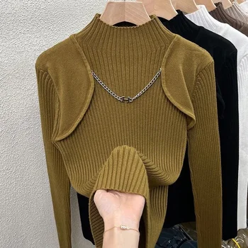 Осень-зима, женский вязаный свитер с полувысоким воротником, джемпер на цепочке, базовая рубашка, эластичный пуловер с длинным рукавом, свитер, тонкие топы  4