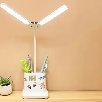 Настольная лампа с двойной головкой, полезные для глаз настольные лампы для домашнего офиса, настольная лампа с регулируемой яркостью, с USB-портом для зарядки, 3 цветовых режима  5