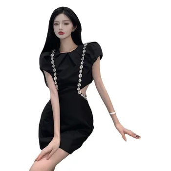 Женское летнее маленькое черное платье в стиле французского ретро, модное вечернее платье с пышными рукавами и стразами, сексуальное мини-платье-карандаш с открытой талией  5
