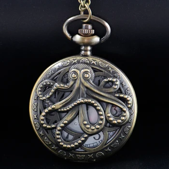 Карманные часы с глубоководным рисунком осьминога, винтажные бронзовые мужские и женские модные кварцевые часы с подвеской-цепочкой, лучший подарок  5