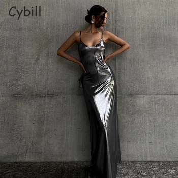 Cybill 2023 Летнее Мини-платье Без рукавов Y2K С V-образным вырезом И Открытой спиной, Женское платье С Открытыми плечами, Серебристые Облегающие Сексуальные Клубные Наряды Для вечеринок  4