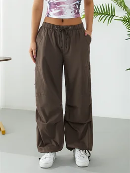 Женские Свободные брюки-карго, однотонные брюки с низкой талией и завязками, с множеством карманов, длинные брюки в эстетичном готическом стиле Y2K  5