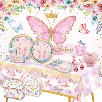 Набор одноразовой посуды Pink Butterfly Тарелка Чашка Happy Girls День Рождения Свадебные Украшения Подарки для детей Принадлежности для душа ребенка  10