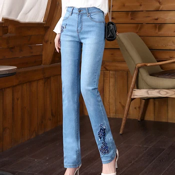 Женские джинсы с высокой талией в европейском и американском стиле, весна и осень 2023, новые женские узкие джинсы с прямой вышивкой в корейском стиле  10