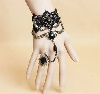 Винтажный Дворцовый Готический кружевной браслет для женщин Ручной работы, модный браслет с кольцом в виде сердца, панк-женские украшения для вечеринок 2B302  5