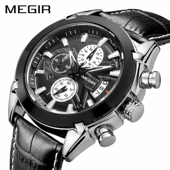 MEGIR, лидирующий бренд, Роскошные часы для мужчин, Модный спортивный хронограф, кварцевые часы, мужские военные, кожаный ремешок, Водонепроницаемые наручные часы  5