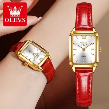 OLEVS Новые кварцевые часы для женщин с кожаным ремешком, квадратным маленьким циферблатом, золотые женские наручные часы-браслет, водонепроницаемые часы  5