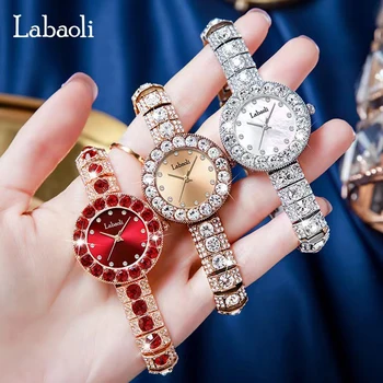 Женские Новые кварцевые часы, Модные роскошные повседневные женские часы-браслет, женские кварцевые Золотые часы с кристалалми и бриллиантами, маленькие часы  5