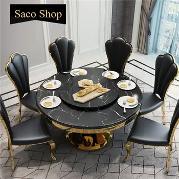 Черный Роскошный круглый кухонный стол, Большой Мраморный семейный обеденный стол на 6-8 персон в стиле постмодерн в ресторане  10