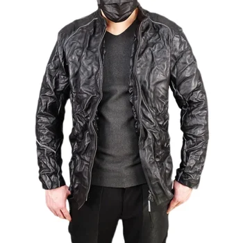 Мужская куртка из воловьей кожи с коротким тонким воротником-стойкой, плиссированная мотоциклетная винтажная дизайнерская одежда в готическом стиле  5