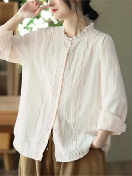 2023 Новая весенне-летняя рубашка, женские ретро Простые повседневные топы, женская блузка с оборками и длинными рукавами  5
