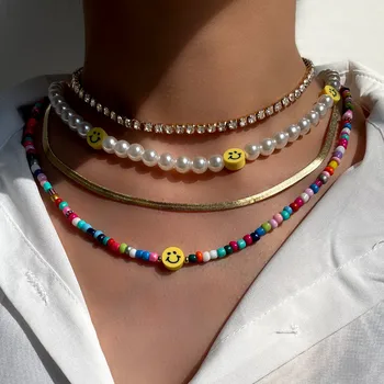 Многослойное ожерелье из жемчуга Smile, расшитое бисером, для женщин, цвет радуги, Металлическое колье со стразами, ожерелья из белого жемчуга, набор украшений в стиле бохо  5