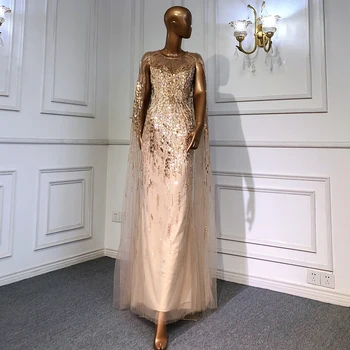 Роскошные вечерние платья с рукавами-накидками из золота, платья 2023, А-силуэт, расшитый бисером, для женской свадебной вечеринки BLA71416 Serene Hill  10