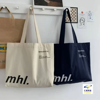 Женская холщовая сумка через плечо с принтом Mhl, женская повседневная сумка-тоут, хлопковая многоразовая пляжная сумка для покупок большой емкости  1