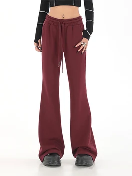 2023 Женские Мешковатые Однотонные спортивные брюки с завязками, Классические расклешенные брюки, Длинные брюки, Уютная уличная одежда, Корейская мода, Простая  5
