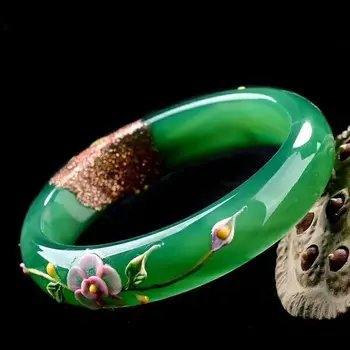 Натуральные зеленые браслеты с цветным рисунком, браслеты с павлином и цветами, браслеты в подарок для женщин, ювелирные изделия из нефрита.  0