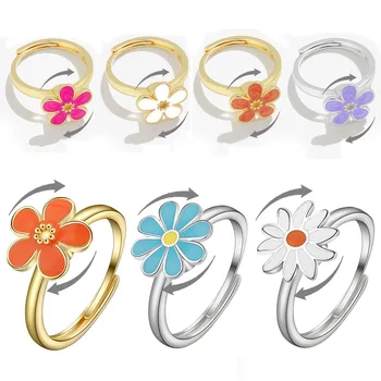 Эстетичное кольцо с маргариткой SMJEL для женщин, спиннер, кольцо от стресса и беспокойства, Вращающийся Эмалевый цветок, множество украшений, подарок на день рождения  0