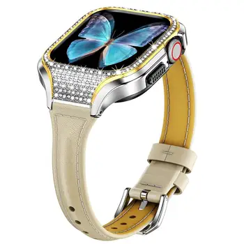 Металлический Блестящий Чехол + Кожаный Ремешок Для Apple Watch Band 41мм 40мм из нержавеющей Стали с Бриллиантовым покрытием + браслет iwatch series se 7 6 5 4 8  5