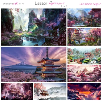 Японский храм, 5d Алмазная живопись, фантазийный пейзаж, мозаичная картина, Цветущая вишня, гора Фудзи, вышивка своими руками, украшение для дома  2