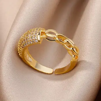 Кольцо с микроцирконом для женщин, Позолоченное кольцо-цепочка из нержавеющей стали, Винтажный Кубический цирконий 2023, Эстетичные ювелирные изделия anillos  5