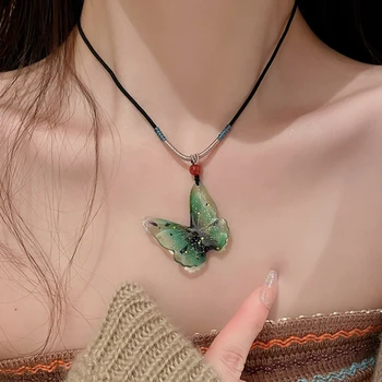 Кайтин, Зеленое акриловое ожерелье с бабочкой для женщин, Плетеная веревка, ожерелья Fairycore, модные украшения для темперамента, Летняя Новинка в  2