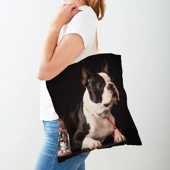 Женская сумка для покупок с двойным принтом французского бульдога, холщовая сумочка, многоразовая милая собачка, повседневная сумка для покупок с домашними животными для женщин  5
