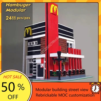 Магазин Humburger Модульная MOC Креативная модель с видом на улицу Строительные Блоки Архитектура DIY Образование Сборка Модели Игрушки Подарки  10