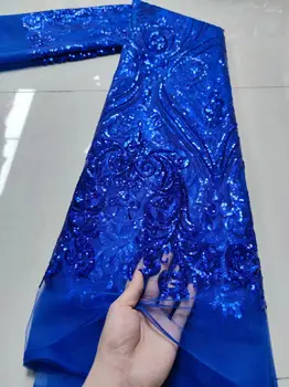 Новая синяя африканская кружевная ткань 2023 года, высококачественная Нигерийская кружевная ткань 5 ярдов, французское кружево с 3D блестками для свадебного платья YYZ287  2