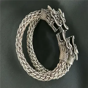 Пара фарфоровых тибетских серебряных браслетов с резьбой в виде двуглавого дракона  5