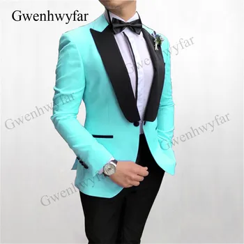 Мужские костюмы бирюзового цвета Gwenhwyfar 2020, новый стиль, мужская одежда для вечеринок на пуговицах, смокинги, блейзер с черными брюками, атласный лацкан  4