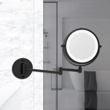 Матовые черные зеркала для ванной комнаты, настенные, с двойным лицевым увеличением, Женское Складное зеркало для макияжа со светодиодной подсветкой, Хромированное Зеркало для ванной со светодиодной подсветкой  2