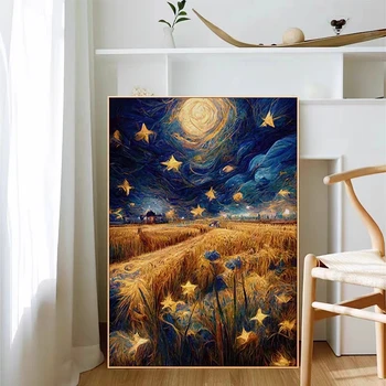Звездное небо, Пшеничное поле, 5d Алмазная живопись 2023, Новый стиль, украшение спальни гостиной с бриллиантами, Вышивка крестом, Ручная паста Di  5