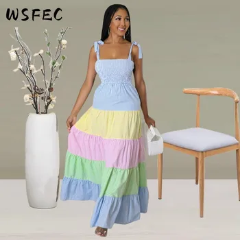 WSFEC S-XL 2023, африканские женские повседневные платья, летние лоскутные модные элегантные макси-платья в полоску с бретельками, женские наряды  5