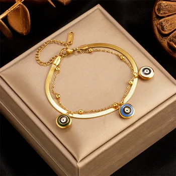 Многослойный браслет-цепочка с круглыми подвесками от сглаза из нержавеющей стали Золотого цвета для женщин, Подарок на свадьбу, Модные Украшения  0