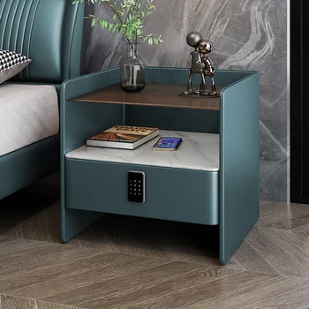 Итальянский минималистичный прикроватный столик, кожаная современная минималистичная рок-панель, беспроводная зарядка, шкаф для хранения в спальне в кремовом стиле  2