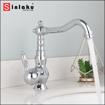 SINLAKU Хромированный смеситель для раковины в ванной комнате, установленный на бортике, Смесители для горячей и холодной воды с одной ручкой и одним отверстием на одно отверстие  5