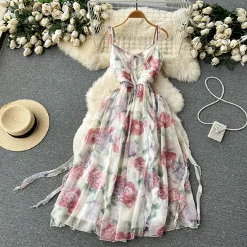 Французское сетчатое платье с цветочным рисунком, Летние женские модные платья, Элегантная деревянная окантовка, сексуальный V-образный вырез, повседневный длинный халат с принтом, Vestidos  3