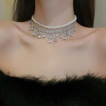 Ожерелье с подвеской в виде капли воды из кубического циркония Ailodo для женщин, Элегантное теннисное ожерелье с жемчужной цепочкой, вечерние свадебные модные украшения  5