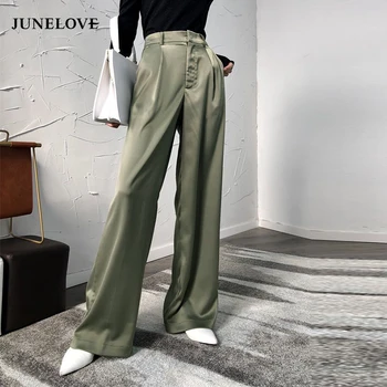 Атласные широкие брюки с высокой талией, свободные женские брюки, летние прямые брюки для девочек, повседневные брюки 2020  5