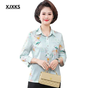 Женская рубашка XJXKS 2023, Весна-Лето-осень, Новая блузка для женщин среднего и пожилого возраста, Модные Свободные топы оверсайз с отворотом  10