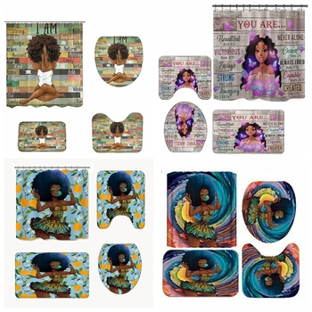 Афро-черная женщина для медитации, Черная девушка С йогой, Я-Винтажные занавески для душа, комплект с ковриками для ванной, 4 шт. Для декора ванной комнаты  4