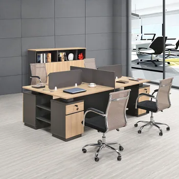 Простой деревянный комбинированный офисный стол для четырех человек с карточным экраном  10
