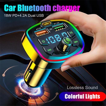 Автомобильный Bluetooth 5,0 FM-передатчик PD 18 Вт Type-C Двойной USB 4.2A Быстрое Зарядное Устройство Со светодиодной подсветкой Atmosphere Light MP3-плеер Музыка Без Потерь  3