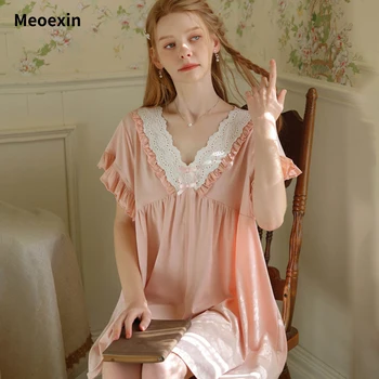 Пижамное платье Meoexin Из хлопка С Короткими Рукавами И V-образным вырезом, Милая Высококачественная Пижама Принцессы Свободного Покроя, Домашняя Студенческая Одежда  4