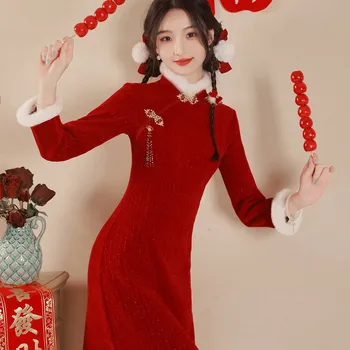 Празднование Зимне-Весеннего Фестиваля Cheongsam Red С Шерстяным Воротником И Длинными Рукавами Для Девочек Средней Длины, Элегантное Модифицированное Вечернее Платье Qipao  5
