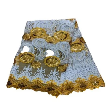 Африканская кружевная ткань с желтыми/белыми/золотыми блестками 2023, Высококачественное кружево, кружевные ткани с Нигерийской вышивкой для свадебного шитья  4