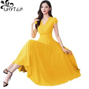 UHYTGF Высококачественное Шифоновое пляжное платье в Корейском стиле с большими размахами Богемное длинное платье Элегантное Женское летнее платье свободного размера для вечеринок338  5