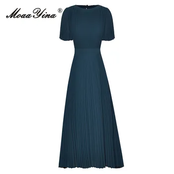 Модное дизайнерское платье MoaaYina, Летнее женское платье, темно-синее платье с высокой талией и поясом, винтажное плиссированное платье выше колена с широкими рукавами  4