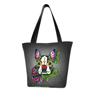 Сумки для покупок с модным принтом Day Of The Dead Boston Terrier, переносные холщовые сумки для покупок, сумка для собак с сахарным черепом  10